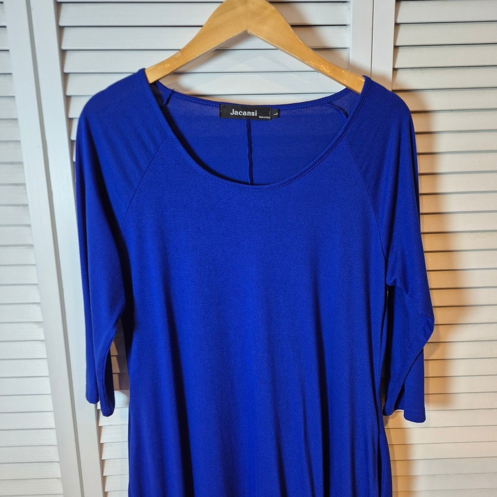 Jacansi Royal Blue Crew Neck 3/4 Sleeve Maxi Dress Pockets Size L Modest Pockets - Picture 2 of 10